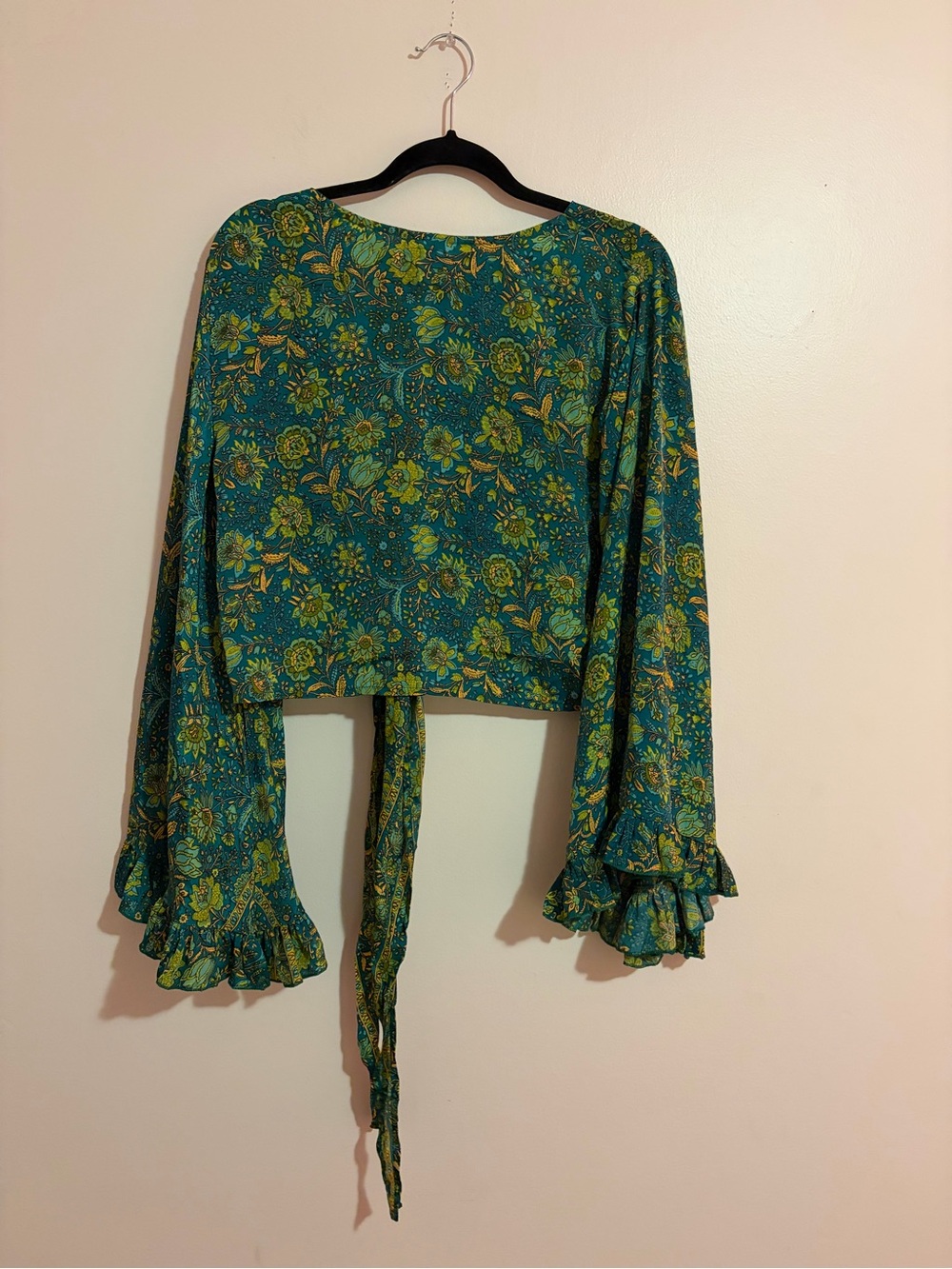 Tie-Front Floral Blouse in Teal and Green - Picture 6 of 9